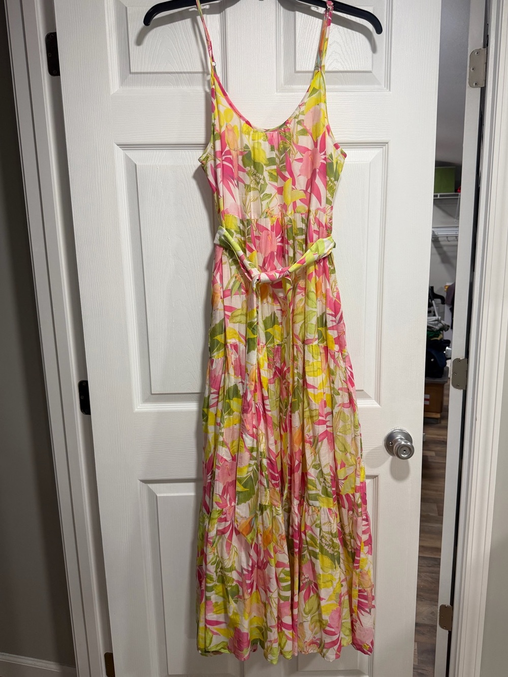 Roller Rabbit Pink, Green & Yellow Floral Maxi Dress with Belt